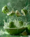 Fresh Limes Splashing into Water with Dynamic Motion Against Green Background Citrus Freshness Concept