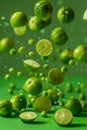 Fresh Limes Suspended in Air with Dynamic Motion on a Vibrant Green Background Citrus Fruit Concept