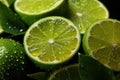 Fresh limes with water droplets on a dark background, highlighting their vibrant green color and juicy texture