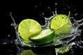 Fresh limes on water splash