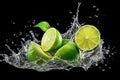 Fresh limes on water splash