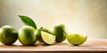 Fresh Limes on a Wooden Table. Citrous Freshness. Green Sour Fruits. Generative AI