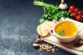 Fresh liquid pea soup on chicken broth. bean soup with parsley. healthy breakfast. black concrete background. selective focus. Royalty Free Stock Photo