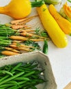 little carrots, green string beans, yellow zucchini, vegetable harvest from the plot, fresh vegetables, zucchini flowers