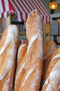 Fresh loafs of French bread outside a bakery in Paris France