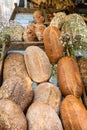 Fresh loaves of bread on display at farmers market Royalty Free Stock Photo