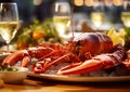 Fresh lobster meal with champagne in fine dining restaurant.Macro.AI Generative