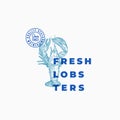 Fresh Lobsters Abstract Vector Sign, Symbol or Logo Template. Hand Drawn Grayfish or Lobster with Classy Modern Royalty Free Stock Photo