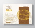 Fresh Local Bread Label Template. Abstract Vector Packaging Design Layout. Modern Typography Banner with Hand Drawn Royalty Free Stock Photo