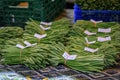 Fresh local foraged wild green asparagus at a farmers market, Strasbourg, France