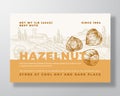 Fresh Local Hazelnut Food Label Template. Abstract Vector Packaging Design Layout. Modern Typography Banner with Hand Royalty Free Stock Photo