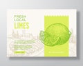 Fresh Local Lime Food Label Template. Abstract Vector Packaging Design Layout. Modern Typography Banner with Hand Drawn