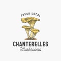 Fresh Local Mushrooms Abstract Sign, Symbol or Logo Template. Hand Drawn Colorful Chanterelles Group with Typography