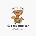 Fresh Local Mushrooms Abstract Sign, Symbol or Logo Template. Hand Drawn Colorful Saffron Milk Cap Group with Typography