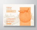 Fresh Local Oranges Food Label Template. Abstract Vector Packaging Design Layout. Modern Typography Banner with Hand Royalty Free Stock Photo