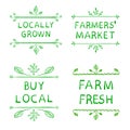 Fresh local produce, farmers market, buy local and farm fresh emblems. Hand drawn