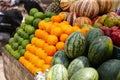 Fresh and local. Stacked rows of fresh fruit - limes, oranges and melons - in an Indian market.