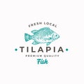 Fresh Local Tilapia. Abstract Vector Sign, Symbol or Logo Template. Hand Drawn Fish Sketch Silhouette with Modern