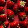 Fresh and luscious ripe strawberries, full of flavor, beautifully isolated on a vivid red background