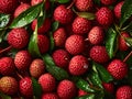 Fresh lychee fruits with green leaves on dark background. Top view. Generative AI Royalty Free Stock Photo