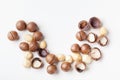 Fresh macadamia nuts on white table top view. Royalty Free Stock Photo