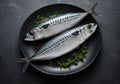 Two fresh mackerel fish on a black plate with herbs and peppercorns on a dark background surface Royalty Free Stock Photo