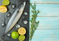 Fresh mackerel on a black slate stone with spices, herbs, lemon, lime and salt. Top view, space for copy Royalty Free Stock Photo