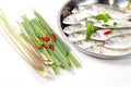 Fresh mackerel fish with herbs and spices on white Royalty Free Stock Photo