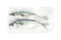 Fresh mackerel fish with vacuum plastic bag isolated on white background Royalty Free Stock Photo