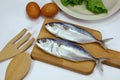 Fresh Mackerel Fish with egg and Vegetable on the table for cooking healthy food