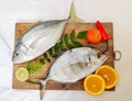 Fresh Malabar Trevally fish decorated with herbs and fruits on a wooden pad ,Isolated on white Background.Selective focus Royalty Free Stock Photo