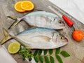 Fresh Malabar Trevally fish decorated with herbs and fruits on a wooden pad ,Isolated on white Background.Selective focus.Space Royalty Free Stock Photo