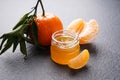 Fresh mandarin with green leaves and jam on a dark background. Close-up Royalty Free Stock Photo