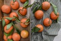 Fresh mandarin oranges fruit or tangerines with leaves on the wooden box on the table. Royalty Free Stock Photo