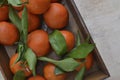 Fresh mandarin oranges fruit or tangerines with leaves on the wooden box on the table. Royalty Free Stock Photo