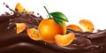 Whole and sliced mandarins on a chocolate wave.