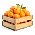 Fresh Mandarins in a Wooden Crate Isolated on White. Generative ai