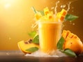 Fresh mango drink with a juice splash of mango cocktail and mango slices on yellow background, copy space. Mango smoothie in high Royalty Free Stock Photo