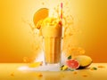 Fresh mango drink with a splash of mango cocktail on deep yellow background, copy space. Mango smoothie in high glass with sliced Royalty Free Stock Photo