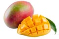 Fresh Mango Fruit with Cut Cubes on White Background Royalty Free Stock Photo