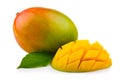 Fresh mango fruit with cut and green leafs Royalty Free Stock Photo