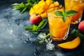 Fresh mango juice. cocktail. Frozen mango daiquiri with white rum garnished with fresh mint. Mango smoothie in glass with sliced Royalty Free Stock Photo