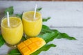 Fresh mango juice glasses and green leaf , tropical summer drink Royalty Free Stock Photo