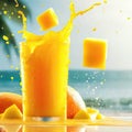 Fresh Mango Juice Splash, Tropical Scene in Background