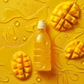 Mango and juice on a yellow surface with water droplets, AI-generated. Royalty Free Stock Photo