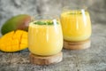 Fresh mango lassi in glasses on grey background with copy space