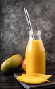 Fresh mango shake in a glass with a metal drinking straw decorated with slices of mango front view on dark background Royalty Free Stock Photo