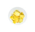 Fresh mango slices in plastic cups  on white background. Fresh cold drinks mixed with mango slices Royalty Free Stock Photo