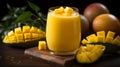 Fresh mango smoothie. Smoothie with mango in the glass, mango juice. Horizontal format for advertising, poster. Ai generated Royalty Free Stock Photo