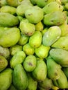 Fresh mangoes in the fruit market, the skin is dominantly green.